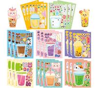 Conzon 24PCS Make Your Own Bubble Tea Stickers, Adorable Milk Tea Mix and Match Sticker Party Games, Drink Make a Face Stickers DIY Crafts for Party Supplies School Activity Reward Birthday Gifts