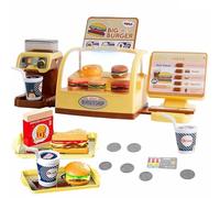 COO11 25pcs Kids Cash Register Playset with Sound POS Machine and Cashier Counter, Pretend Play Burger Shop, Restaurant Role Play Food Accessories, Educational Toy for Toddlers Ages 3+