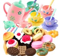 COO11 36PCs Tea Party Set for Kids, Kitchen Accessories Playset Cup Plate, Spoons, Teapot, Kettle, Cookies, Deserts Colorful BPA-Free Plastic Preschool Role Play Food Toy for Toddler Ages 3+