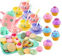 Coo11 43PCS Kids Tea Party Set - Pretend Play Tea Set with Teapot, Cups, Plates, Spoons & Cupcake Accessories - Play Food Set for Toddlers and Girls Ages 3+ Years