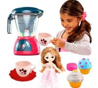 Coo11 Kids Blender Mixer Toy, Realistic Juicer Kitchen Pretend Play Set with Party Tea Cup Set, Dessert, Play Doll, On/Off Button Light Sound, Fun Learning Home Appliances for Toddlers Ages 3+