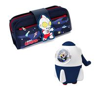Coo11 Pack of 2 Rocket Design Pencil Sharpener and 2-in-1 Large Pencil Pouch for Kids - Navy Blue Stationery Set with Big Storage for School and Home