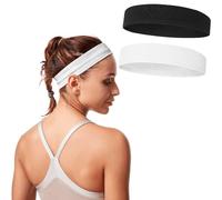 CooAooRoo Women's 2 Pack Elastic Reusable Solid Color Sweat-Absorbent Headbands For Sports, Yoga, Dance, Running, Gym, Cheerleading, Team Sports, Black, White, M (9.1 inches L x 2.4 W 0.4 H)