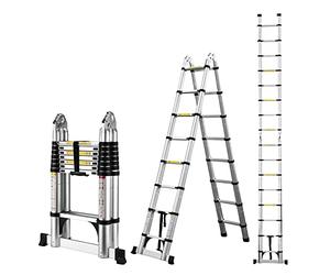 COOCHEER 5M Aluminium Telescopic Ladder, 2-in-1 Folding Ladder, 16 Rungs, 150 kg Load Capacity, Suitable for Indoor and Outdoor Use