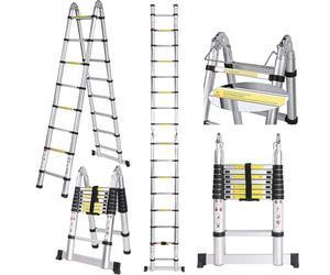 COOCHEER Telescopic Ladder 5 m, Aluminium Ladder Extendable with 16 Rungs, Folding Ladder 5 Metres, Multi-Purpose Ladder up to 150 kg, for Loft and Household