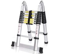 COOCHEER Telescopic Ladder, Aluminium 5 m, Folding Ladder, Extendable Ladder, Multi-Purpose Ladder, 16 Steps, Maximum Load 150 kg, Silver