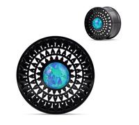 COOEAR Opal Ear Plugs, Black Geometric Flower Gauges, Stainless Steel Ethnic Style Tunnels for Stretched Piercings 9/16".