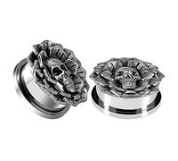 COOEAR Skull Flower Ear Gauges Piercing Tunnels Flesh Plugs Screw Back Silver Stretchers Expander 6mm to 25mm.