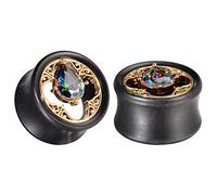 COOEAR Wood Ear Gauges Flesh Tunnels Gem Plugs Piercing Metal Earrings Double Flared Stretchers 0g to 1 Inch.