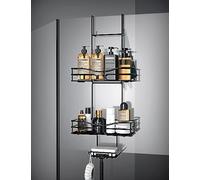Cooeco Black Hanging Shower Caddy - Rustproof Hanging Shower Shelf with Soap Holder and 6 Hooks, for Glass Bathroom Door Bathroom Storage (Width 5.4CM)