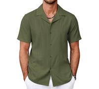 COOFANDY Guayabera Shirts for Men Cuban Short Sleeve Button Down Summer Shirts Linen Shirts, Army Green, Large
