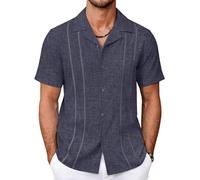 COOFANDY Guayabera Shirts for Men Cuban Short Sleeve Button Down Summer Shirts Linen Shirts, Deep Blue, XXL