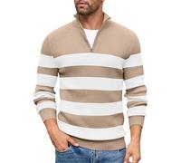 COOFANDY Jumpers for Men Quarter Zip Jumper Stripes Polo Neck Jumpers Turtle Neck Tops Knitted Sweater Winter Thermo Work Sweater Winter Long Sleeve Khaki & White Stripes 3XL