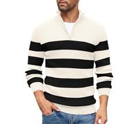 COOFANDY Jumpers for Men Quarter Zip Jumper Stripes Polo Neck Jumpers Turtle Neck Tops Knitted Sweater Winter Thermo Work Sweater Winter Long Sleeve Beige & Black Stripes S