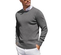 COOFANDY Knitted Jumper Mens Crew Neck Winter Sweaters Pullover Round Neck Jumpers Stripes Slim Fit Grey XL