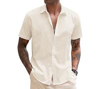 COOFANDY Linen Shirts Men Shirts Short Sleeve Linen Shirt Summer Casual Solid Beach Shirt Lightweight Holiday Shirts for Men Button Down Shirt Basic Cream Colors| M