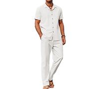 COOFANDY Men 2 Piece Linen Outfit Beach Button Down Shirt Casual Loose Pant Sets, A-white, Large