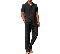 COOFANDY Men 2 Piece Linen Outfit Beach Button Down Shirt Casual Loose Pant Sets, Black, Large
