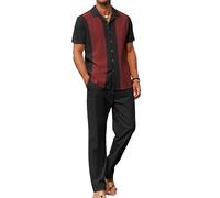 COOFANDY Men 2 Piece Linen Outfit Beach Button Down Shirt Casual Loose Pant Sets, Black Patchwork Wine Red Shirt/Black Pants, XX-L