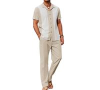 COOFANDY Men 2 Piece Linen Outfit Beach Button Down Shirt Casual Loose Pant Sets, Khaki Patchwork White Shirt/Khaki Pants, 3XL