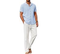 COOFANDY Men 2 Piece Linen Outfit Beach Button Down Shirt Casual Loose Pant Sets, Light Blue Shirt/White Pants, X-Large