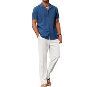 COOFANDY Men 2 Piece Linen Outfit Beach Button Down Shirt Casual Loose Pant Sets, Navy Shirt/White Pants, Large
