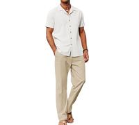COOFANDY Men 2 Piece Linen Outfit Beach Button Down Shirt Casual Loose Pant Sets, White Shirt/Khaki Pants, Small
