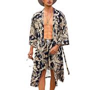 COOFANDY Men Lightweight 2 Piece Kimono Robe with Shorts Japanese 3/4 Sleeve Robes Casual Open Front Long Cardigan With Belt, Navy Blue(leaves), Large