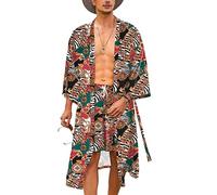 COOFANDY Men Lightweight 2 Piece Kimono Robe with Shorts Japanese 3/4 Sleeve Robes Casual Open Front Long Cardigan With Belt, White(luxury Print), Large