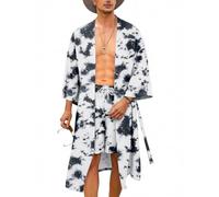 COOFANDY Men Lightweight 2 Piece Kimono Robe with Shorts Japanese Robes Casual Open Front Long Cardigan With Belt, White(tie Dye), Large