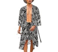 COOFANDY Men Lightweight 2 Piece Kimono Robe with Shorts Japanese Robes Casual Open Front Long Cardigan With Belt, White(cashew Flowers), Small