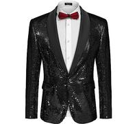Coofandy Men Shiny Sequin Blazer Tuxedo Party Dinner Prom One Button Suit Jacket, Black, S