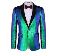 Coofandy Men Shiny Sequin Blazer Tuxedo Party Dinner Prom One Button Suit Jacket, Blue Green, M