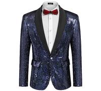 COOFANDY Men Shiny Sequin Blazer Tuxedo Party Dinner Prom One Button Suit Jacket, Multicolored-navy Blue, L