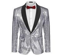 Coofandy Men Shiny Sequin Blazer Tuxedo Party Dinner Prom One Button Suit Jacket, Silver, XXL