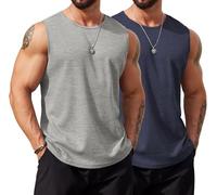 COOFANDY Mens 2 Pack Vests Gym Muscle Sleeveless T Shirt Bodybuilding Athletic Tank Tops Summer Workout Waffle Knit Tops Navy Blue/Light Grey XXL
