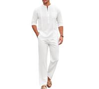 COOFANDY Men's 2 Piece Cotton Sets Casual Long Sleeve Cuban Henley Shirt and Loose Pants Set Beach Vacation Clothing Outfits, All White, 4XL