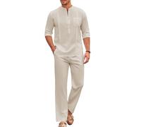 COOFANDY Men's 2 Piece Cotton Sets Casual Long Sleeve Cuban Henley Shirt and Loose Pants Set Beach Vacation Outfits, Beige, X-Large
