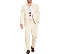 Coofandy Men's 2 Piece Linen Suits Set Regular Fit Casual Lightweight Blazer Jacket and Pants, Beige, XXL