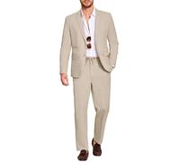 Coofandy Men's 2 Piece Linen Suits Set Regular Fit Casual Lightweight Blazer Jacket and Pants, Light Khaki, L