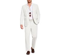 Coofandy Men's 2 Piece Linen Suits Set Regular Fit Casual Lightweight Blazer Jacket and Pants, White, L