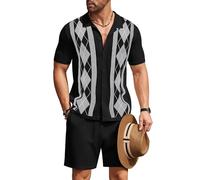 COOFANDY Men's 2 Piece Outfit Vintage Short Sleeve Button Down Knit Polo Shirts Casual Beach Shorts Sets, Argyle-black, Large
