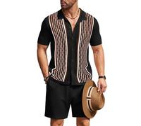 COOFANDY Men's 2 Piece Set Vintage Style Short Sleeve Button Down Knit Polo Shirts Casual Beach Shorts, Black and Brown, Chica
