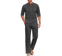 COOFANDY - Men's 2 Pieces Cotton and Linen Set, Casual Style, Long Sleeve, Yoga Pants Set, Cuban Beach Set, Dark gray, M