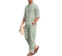 COOFANDY Men's 2 Pieces Cotton Linen Set Long Sleeve Henley Shirts Casual Beach Pants With Pockets Summer Yoga Outfits, Light Green, XX-L