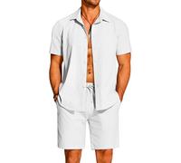 COOFANDY Men's 2 Pieces Cotton Linen Set Short Sleeve Button Down Shirts Summer Beach Shorts Casual Outfits, A Pure White, Medium