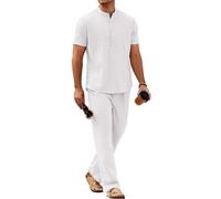 COOFANDY Mens 2 Pieces Cotton Linen Sets Short Sleeve Casual Henley Shirt Summer Beach Pants Lounge Vacation Outfits Set, A-white, XX-L