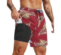 COOFANDY Men's 7" Swim Trunks with Compression Liner Quick Dry 2 in 1 Bathing Suit Beach Swimwear Board Shorts with Pockets, Red Leaves, L