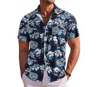 COOFANDY Men's Adult Hawaiian Shirt Short Sleeve Floral Button Down Shirts Tropical Holiday Beach Shirts, Blue - Flower 2, Large