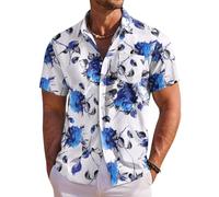 COOFANDY Men's Adult Hawaiian Shirt Short Sleeve Floral Button Down Shirts Tropical Holiday Beach Shirts, White - Blue Roses, XL
